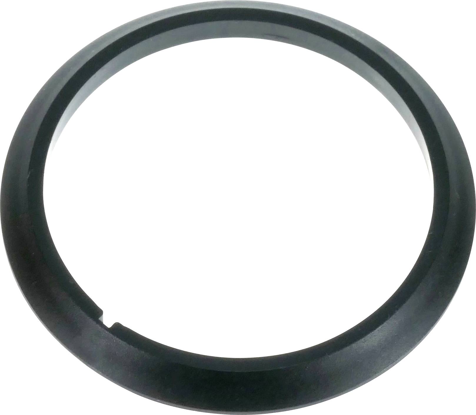 A black, round sealing ring with a smooth surface and a small indentation at one point.