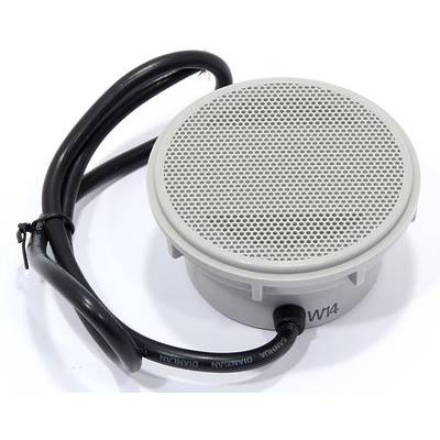 A round, white speaker with cable, suitable for ceiling mounting, against a white background.