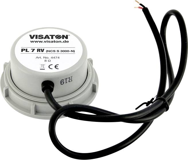 A round loudspeaker with the 'Visaton' logo and model 'PL 7 RV'. It has two exposed cables and is suitable for electronic devices.