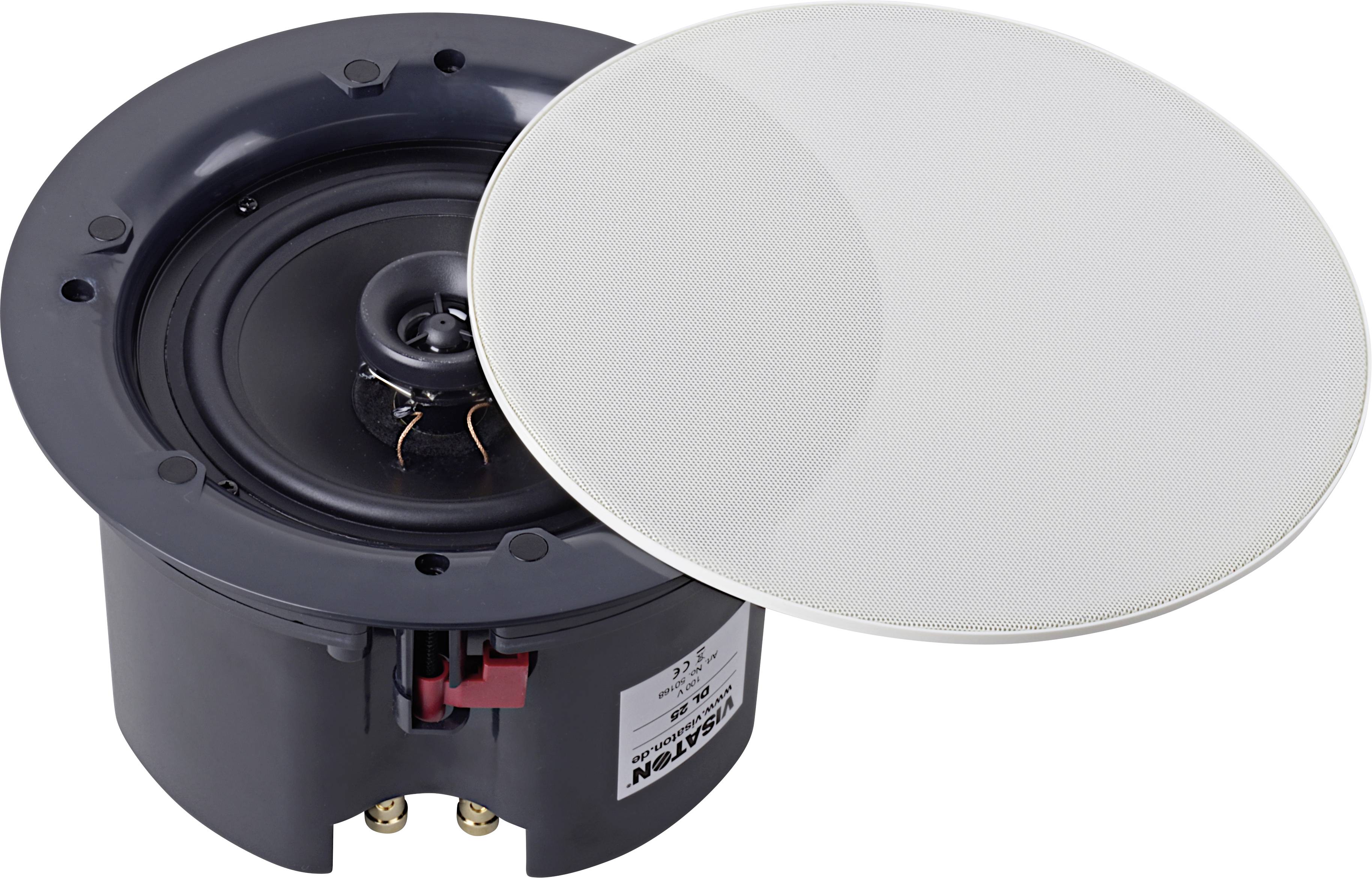 A round ceiling speaker with its cover removed reveals the speaker cone and cable connections.