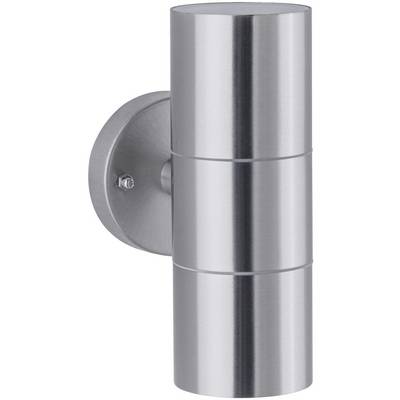 A cylindrical wall light made of stainless steel with a light source on two sides, mounted on a round wall bracket.