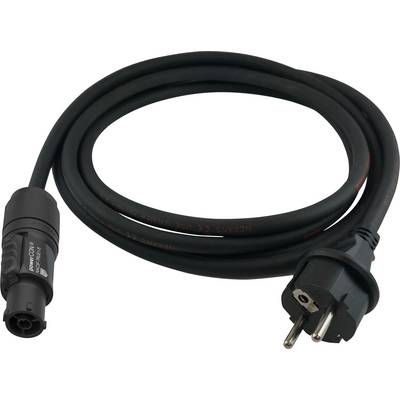 A black network cable with a Schuko plug on one side and a rounded connector on the other side.