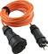 Orange extension leads with robust plugs, coiled. Suitable for outdoor use or construction sites.
