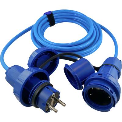 A blue extension lead with industrial plug and socket for heavy-duty electrical connections; the cable is coiled.