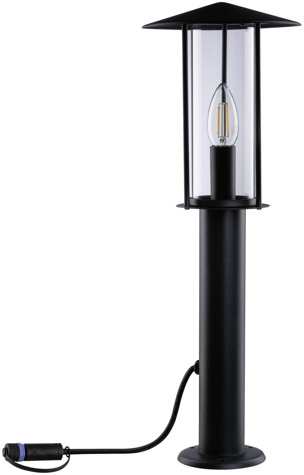 Black standing lamp with clear glass, visible light source and cable with blue plug, suitable for outdoor lighting.