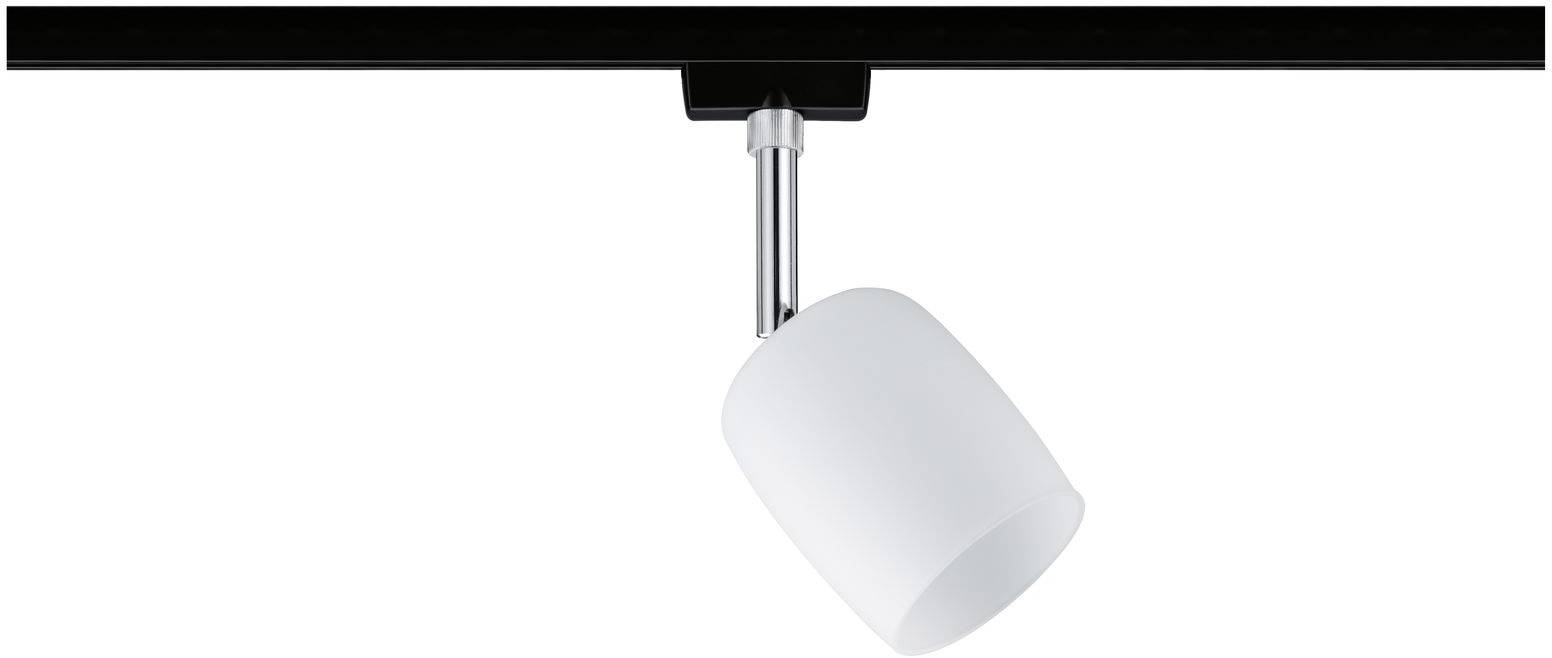 A single white ceiling light is mounted on a black track and slightly angled downwards, ready to illuminate the space.