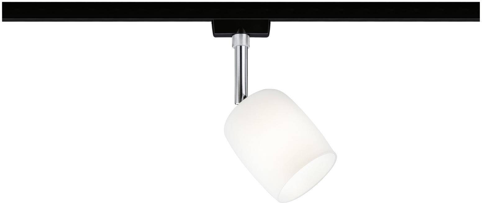 A white, cylindrical spotlight is mounted on a black rail.