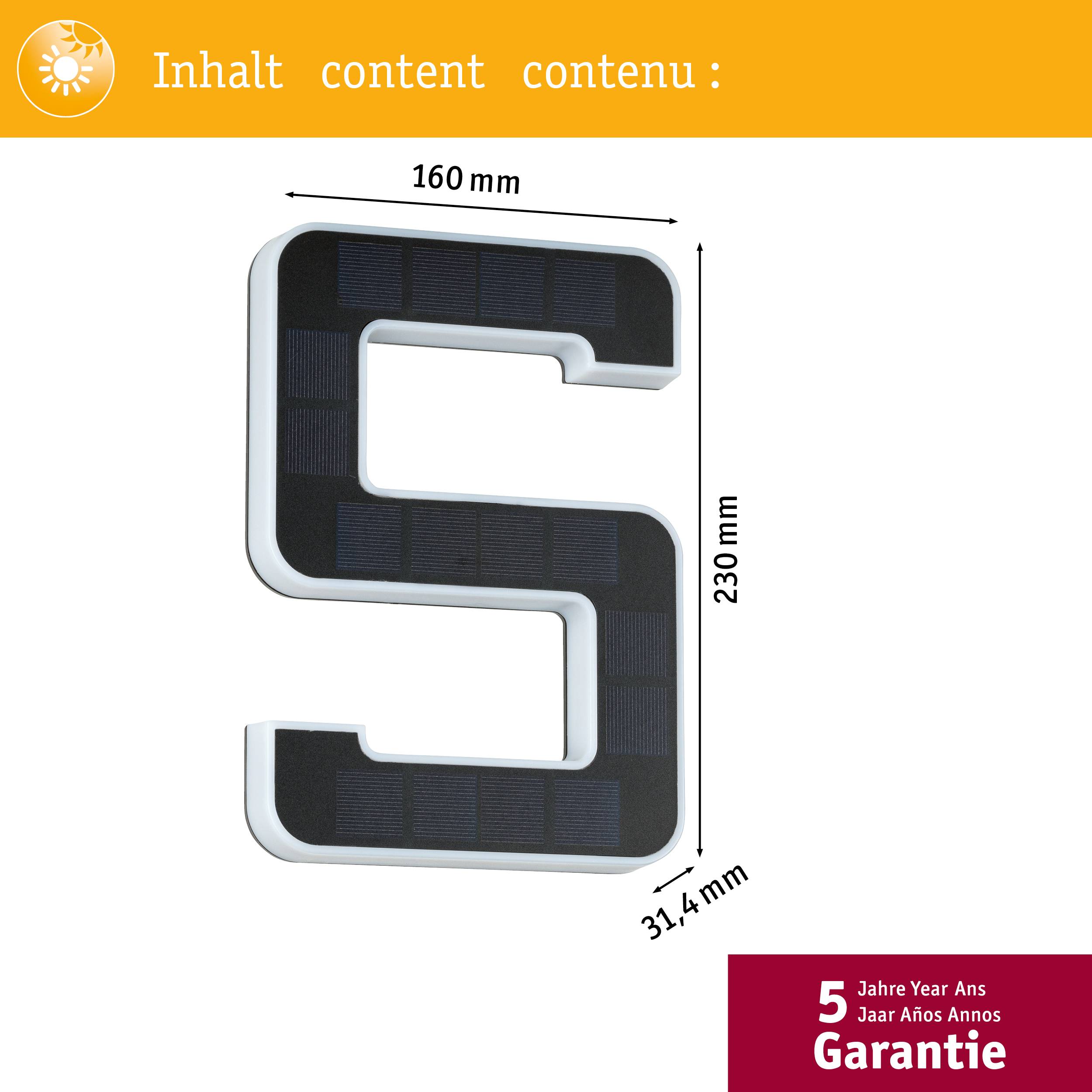 Black, solar-powered house number sign '5' with dimensions: 160 mm x 230 mm x 31.4 mm. 5 years warranty indicated.