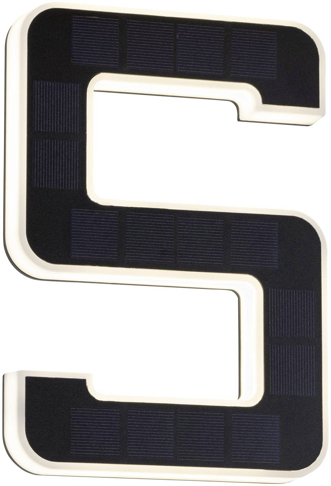 Large, black letter 'S' with integrated solar panels and white border; suitable for decorative or functional lighting.
