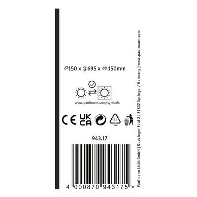 'Paulmann Lighting packaging label with symbols for replaceable light source and recycling. Product dimensions: 150 x 695 x 150 mm.'