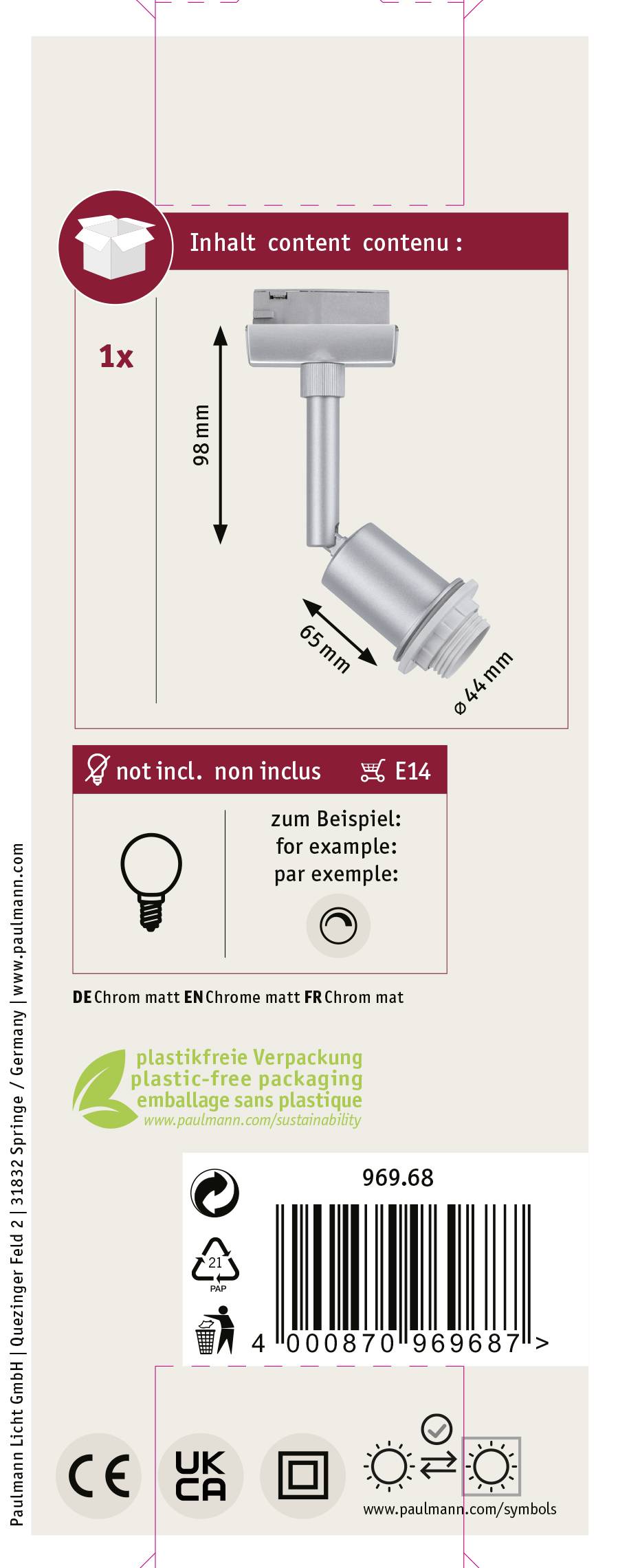 'Lamp with spare bulb, dimensions: 89 mm high, 64 mm wide, 45 mm deep. Not included. Example: E14. Packaging plastic-free.'