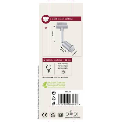 'Lamp with spare bulb, dimensions: 89 mm high, 64 mm wide, 45 mm deep. Not included. Example: E14. Packaging plastic-free.'