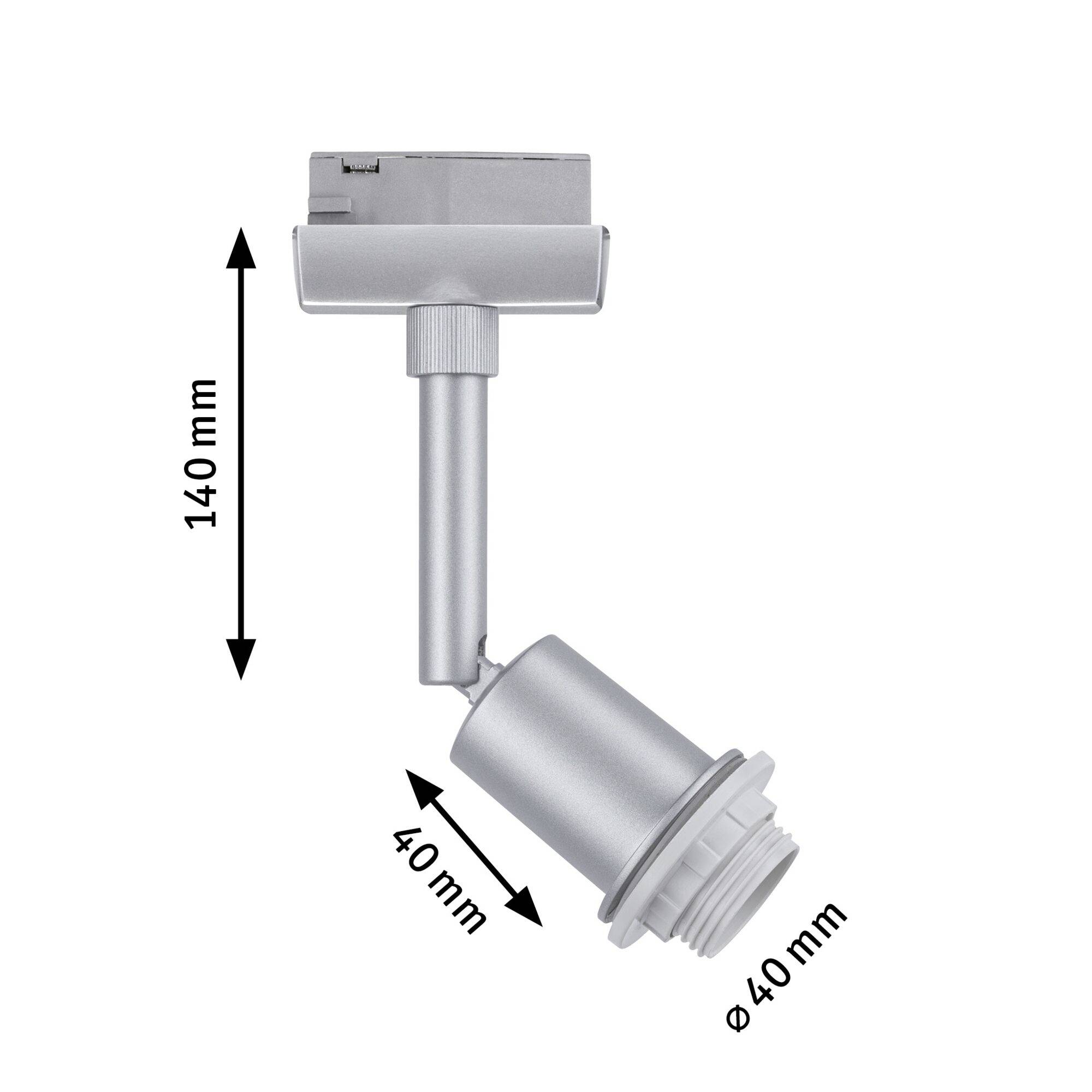 Silver cylindrical lamp, 140 mm high, with adjustable arm. Base diameter 40 mm. Orientation: directed downwards.