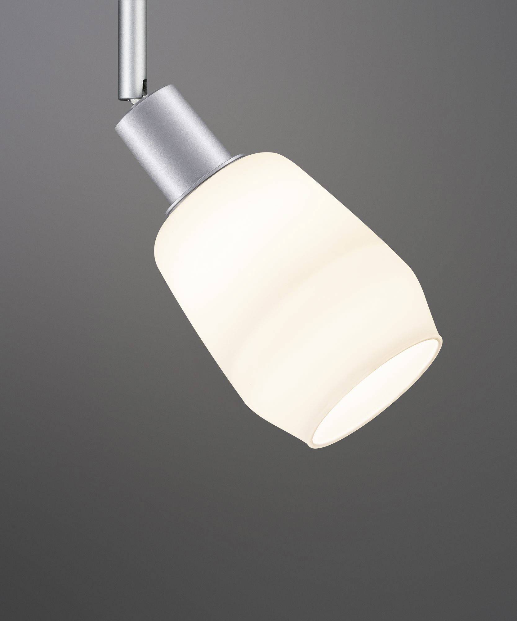 A contemporary ceiling light with a white, smooth lampshade and a metallic suspension system against a grey background.