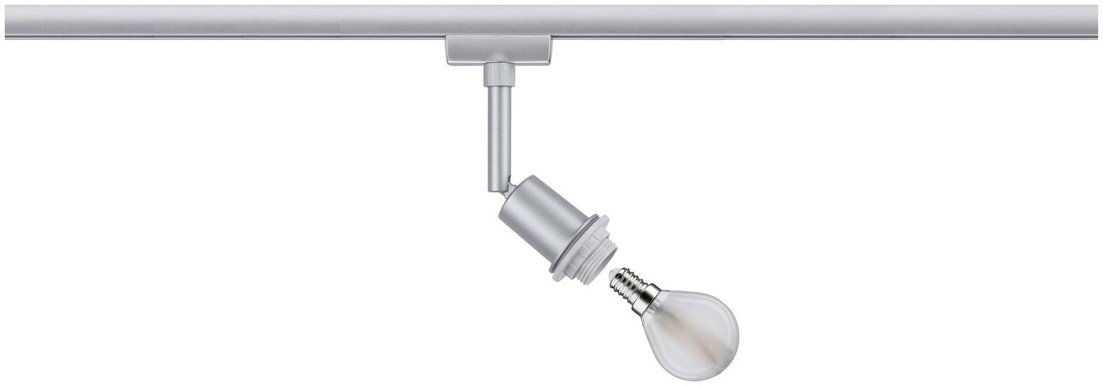 A modern, silver ceiling light with an adjustable spot and visible bulb hangs from a track.