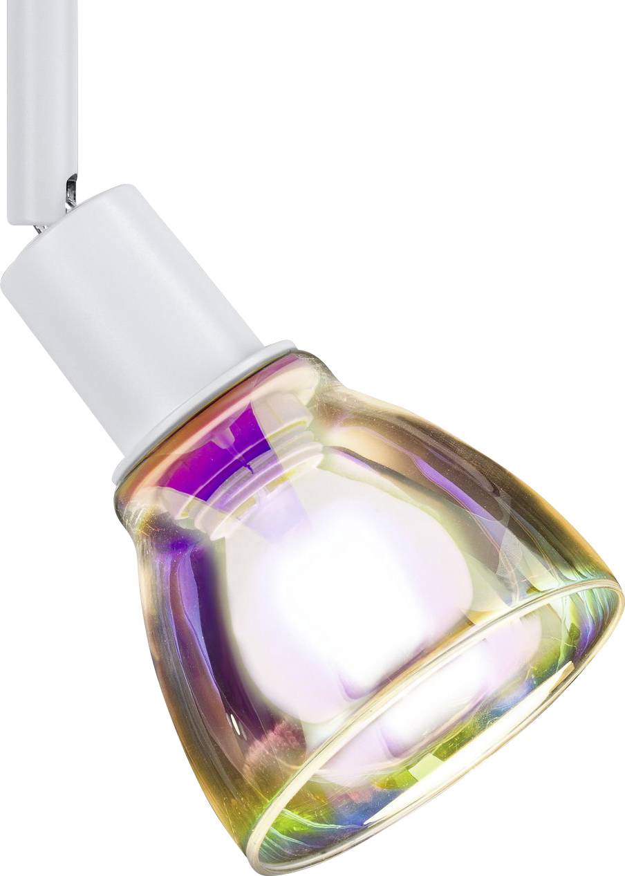 A colourful light bulb with rainbow-coloured glass. It is illuminated and hanging at a slanted angle downwards.