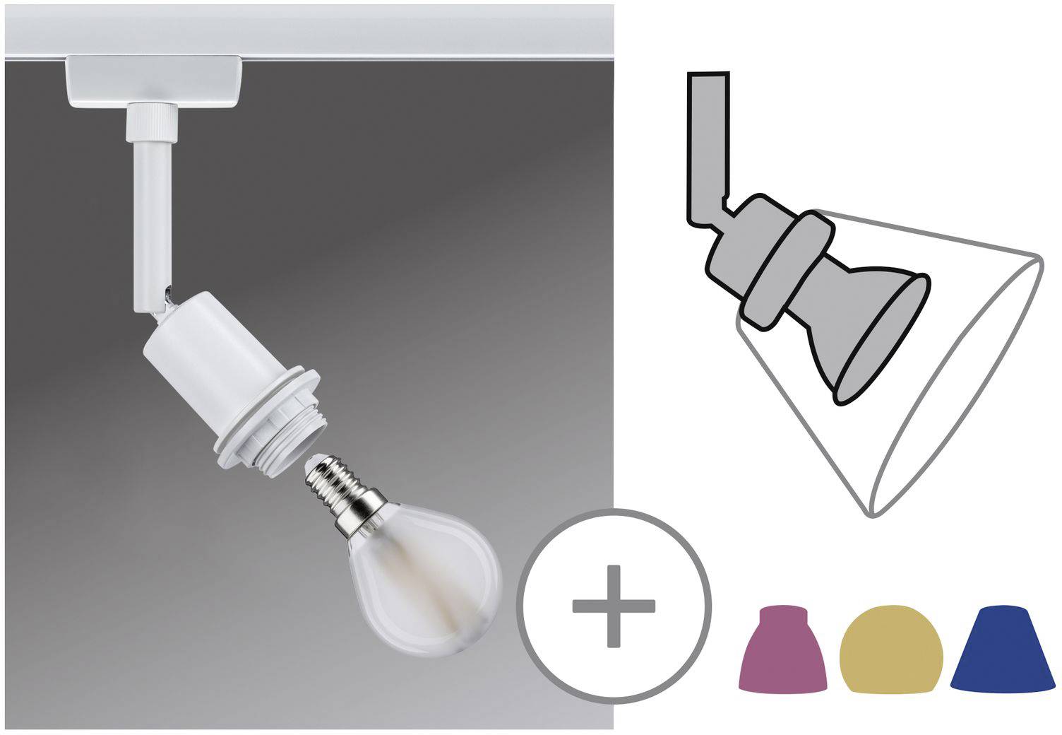 'Recessed Light Fitting for Rail Lighting': Pictured is a light bulb socket on the rail system with interchangeable covers in pink, yellow and blue.