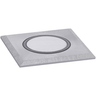 A square metal block with a round, circular recess in the centre, resembling a press button or sensor.