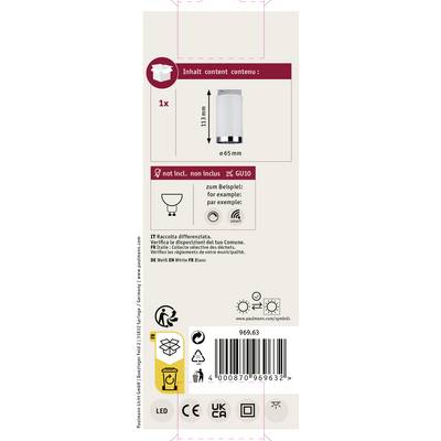 Packaging of a white LED lamp set with GU10 fitting, showing 1 lamp, including and excluding symbols, barcode and warning notices.