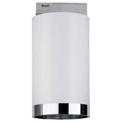A cylindrical ceiling spotlight with a silver rim and white housing.