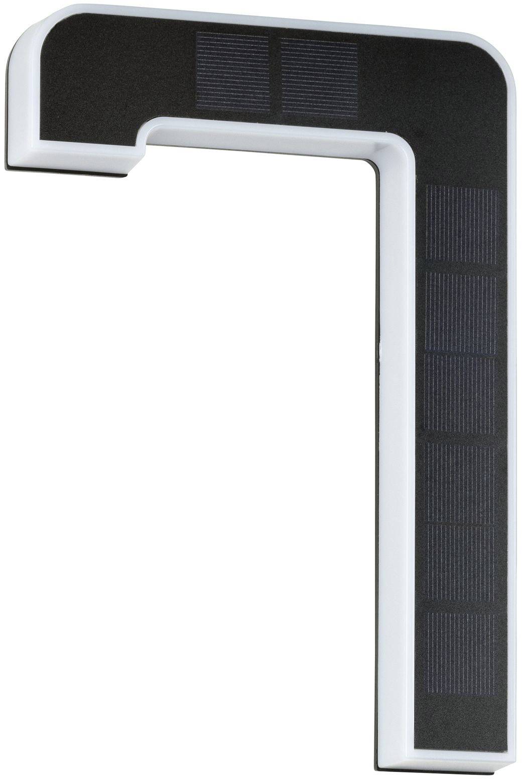 Solar-powered LED house number sign for outdoors, black and white, in L-shape.