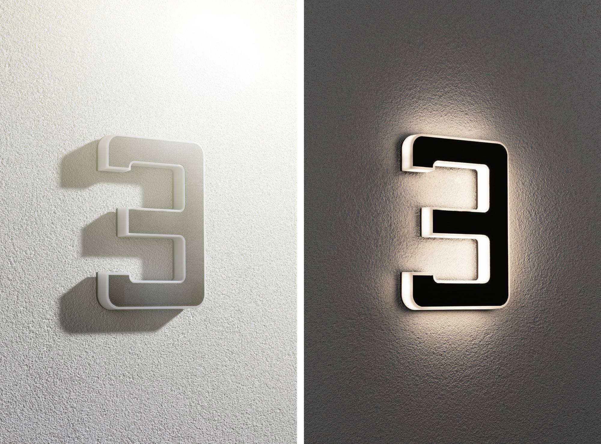 Links: Metal number '3' on a wall with a shadow. Right: Illuminated number '3' with backlighting on the same wall.