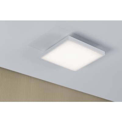 Square ceiling light with bright, even illumination, mounted on a white ceiling above a beige wall.
