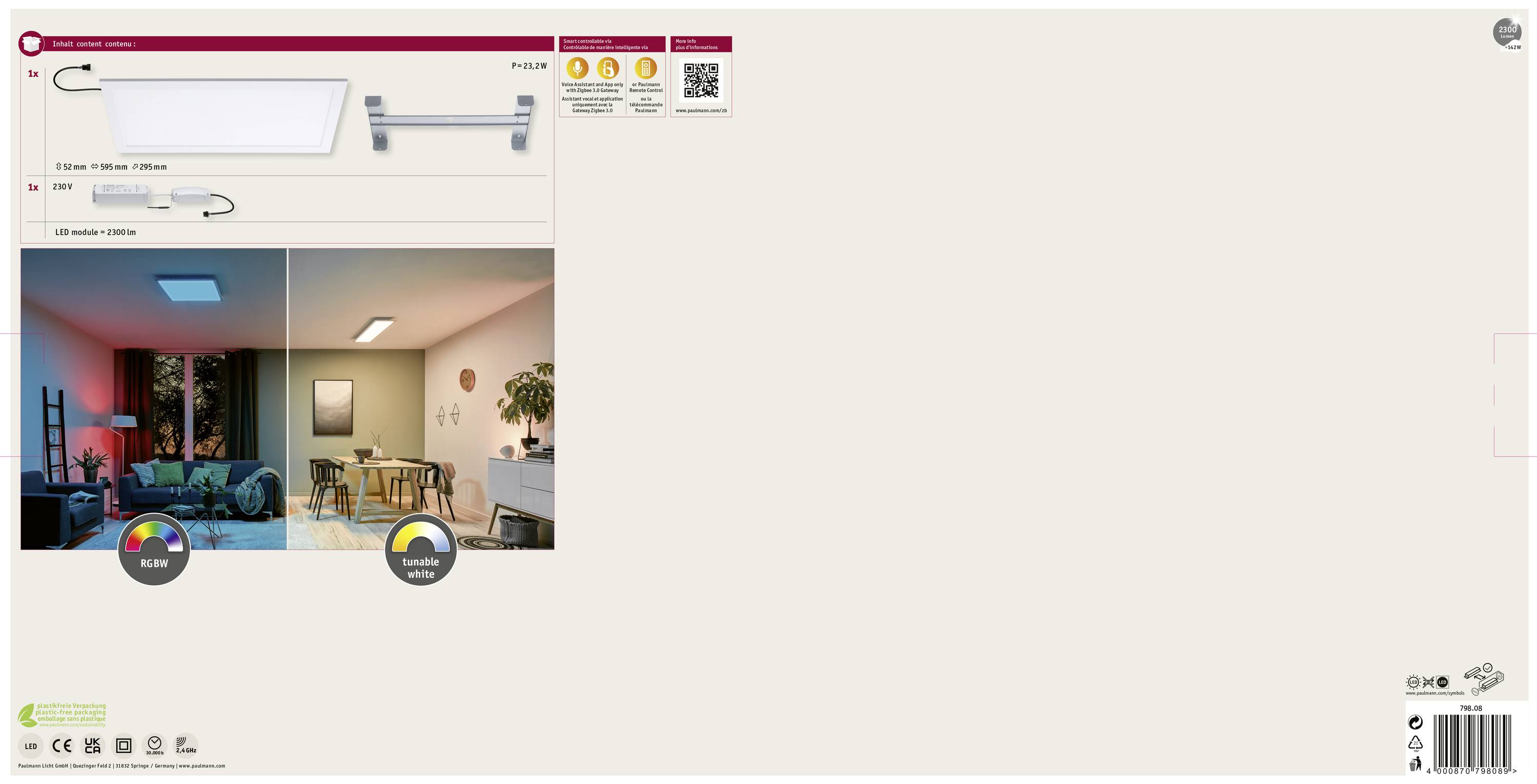 LED Ceiling Light for Living Room or Dining Room with Colour Example: Warm and Cool Light. Product Image and QR Code Visible.