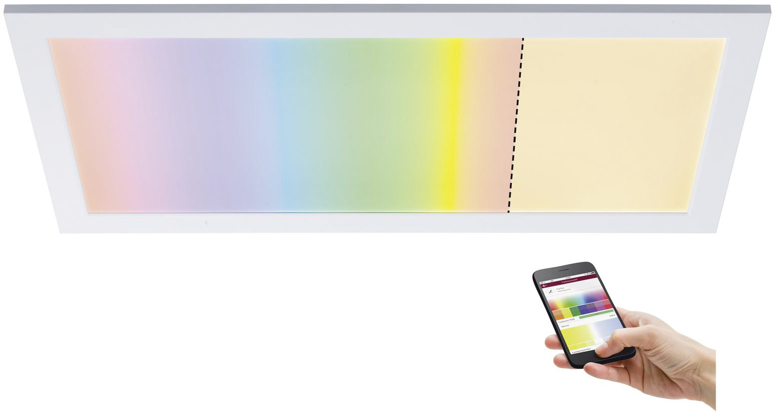 A rectangular LED ceiling light with a gradient transitioning from blue to yellow. A hand is holding a smartphone displaying the colour control.