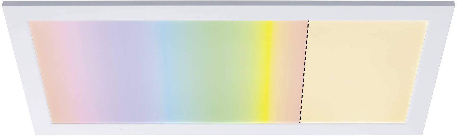 A rectangular panel displays a gradient transitioning from pink through blue, green, yellow to orange. On the right is a narrow beige strip.