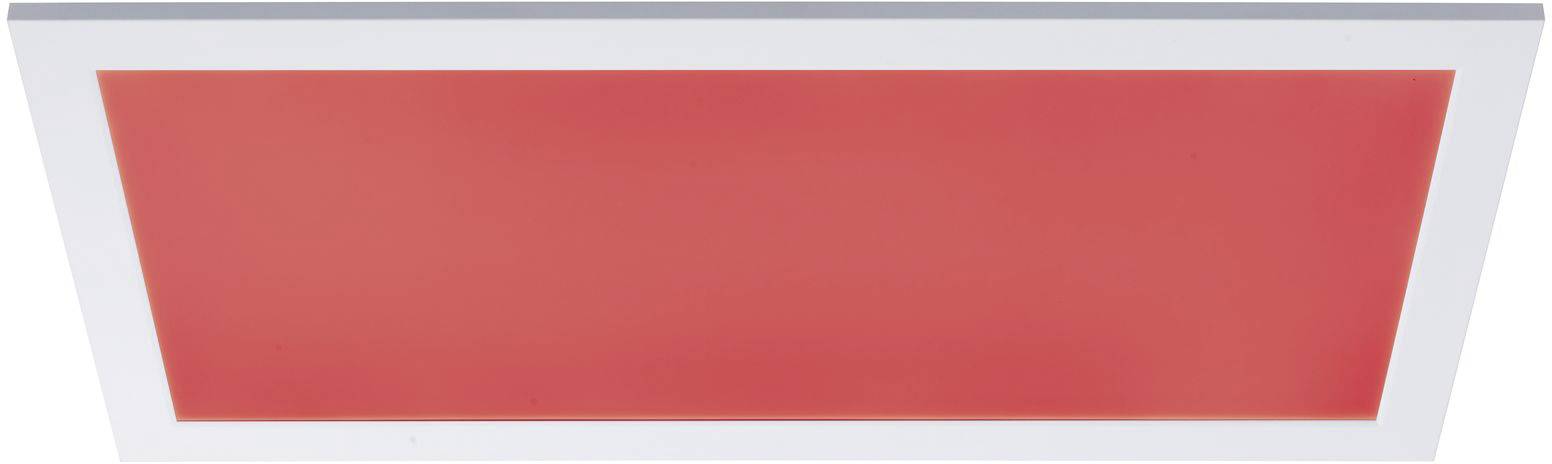 A rectangular panel with a white frame and a luminous red surface in the centre. It appears like a modern ceiling light.