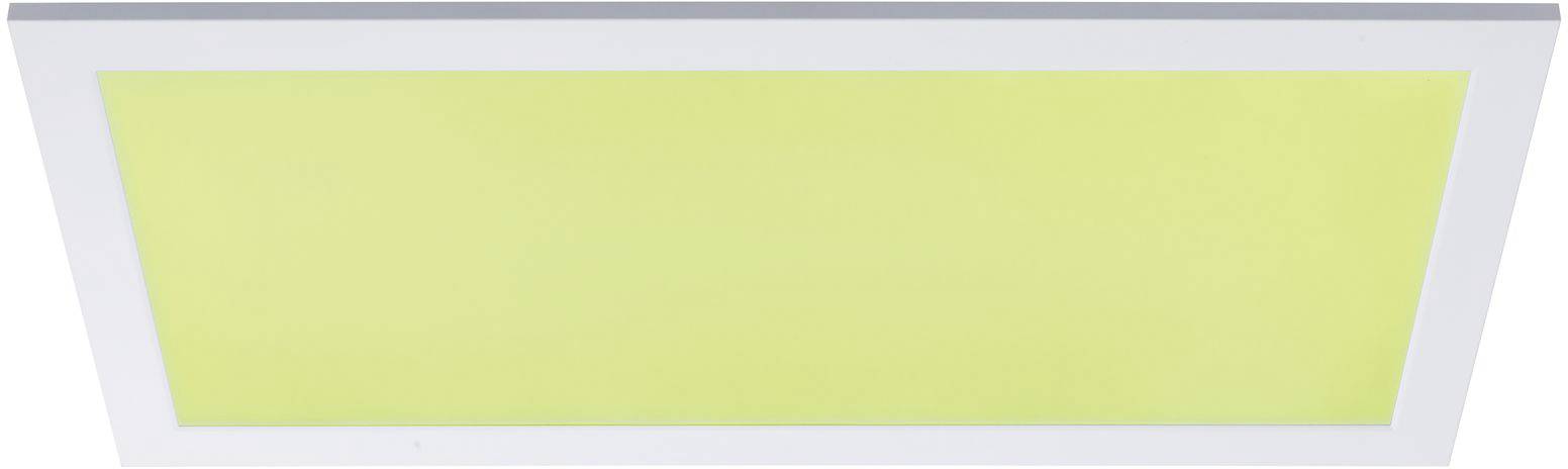 A rectangular LED panel light with a yellow light glow, framed by a white border. Suitable for ceiling installation.