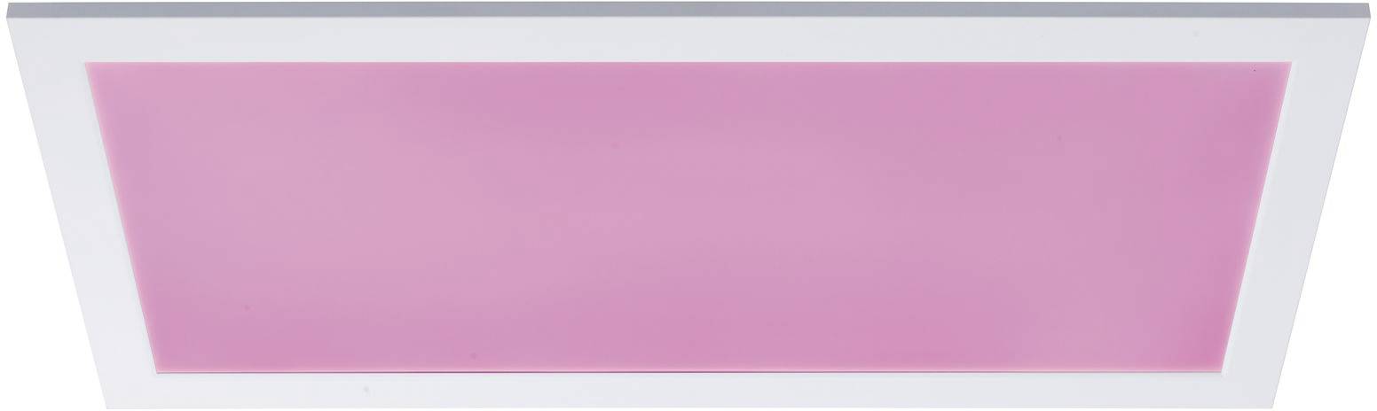 A rectangular panel with a white frame, glowing pink in the centre.