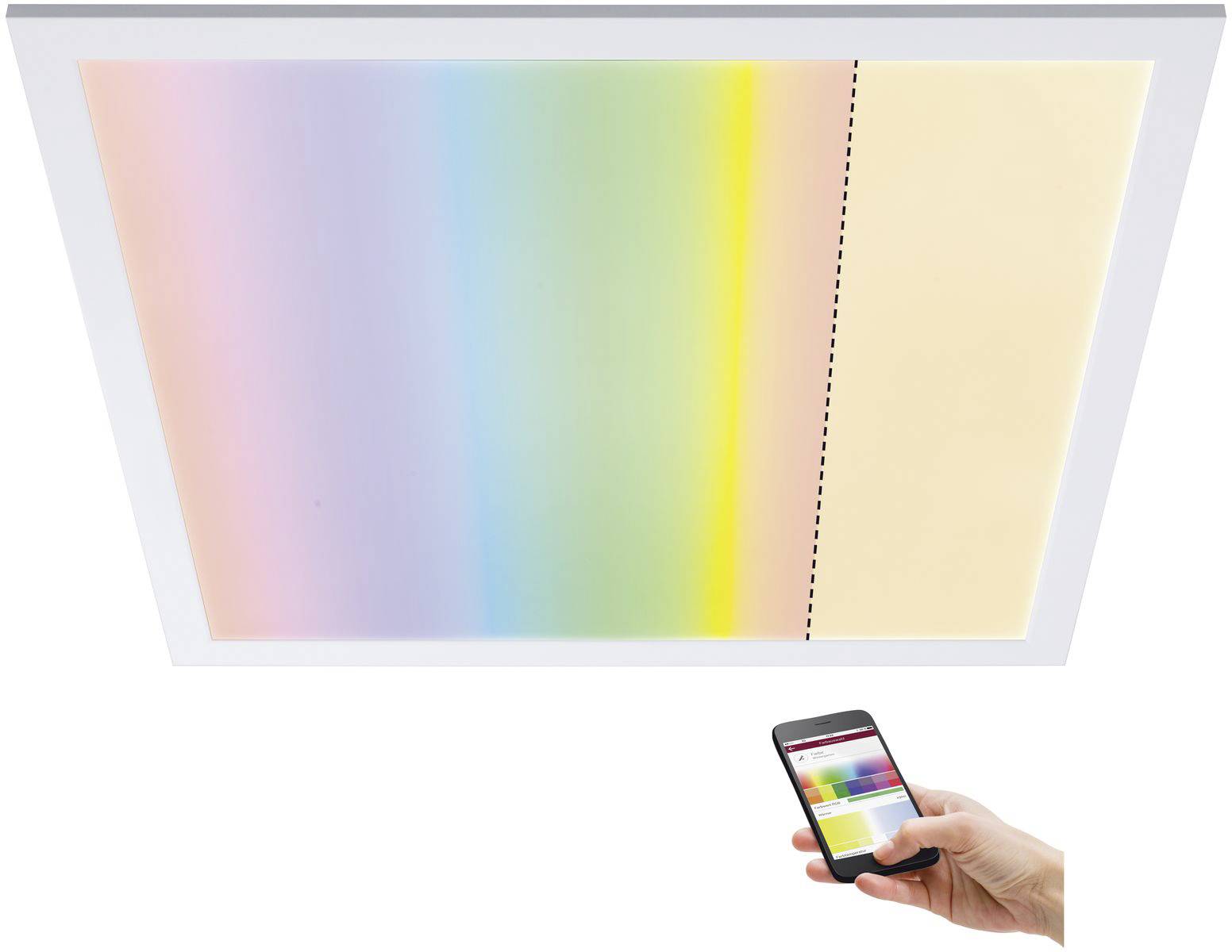 Ceiling light with multi-coloured lighting. A smartphone in hand controls the colour via an app, as shown in the image.