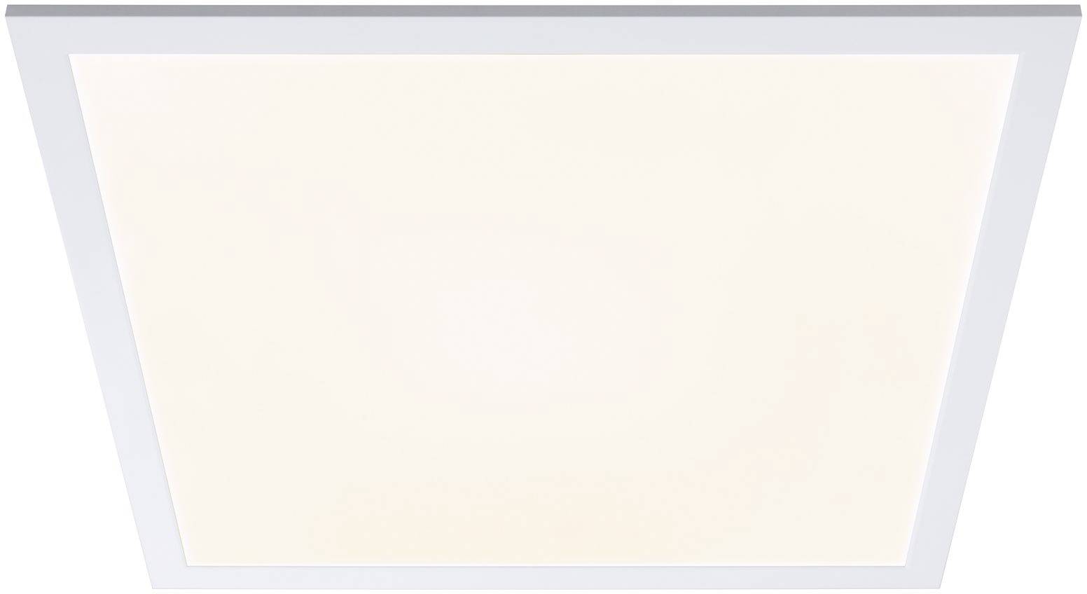 Square LED ceiling light with white frame and uniform light distribution, suitable for modern interiors.