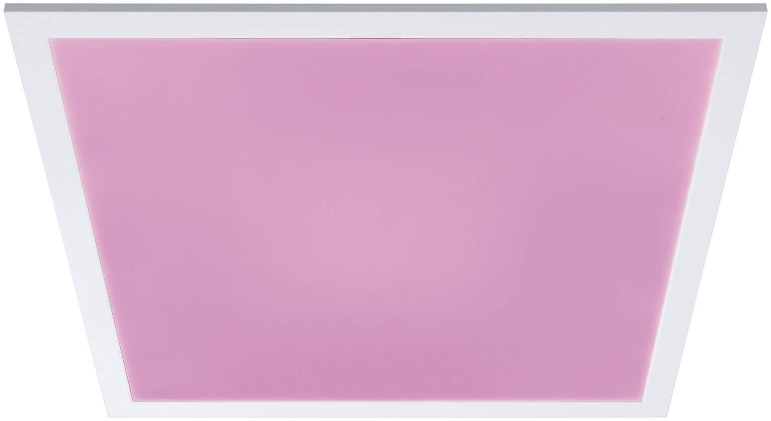Square ceiling light with a white frame and a pink illuminated centre.