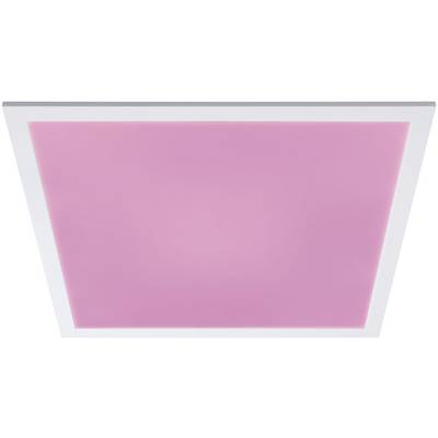 Square ceiling light with a white frame and a pink illuminated centre.