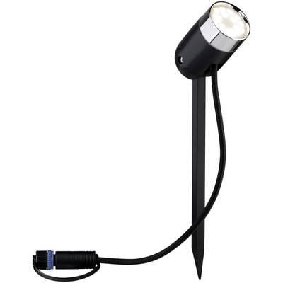 Black outdoor spotlight with ground stake, wired, round light head.