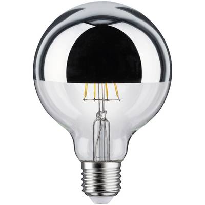 Light bulb with a silver mirrored top, transparent glass body revealing filaments and screw base.
