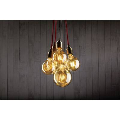 Five decorative light bulbs hang in a cluster against a dark wooden background. They emit a warm, atmospheric light.