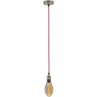 Pendant light with a red cable and an Edison light bulb, creating illumination in a room.