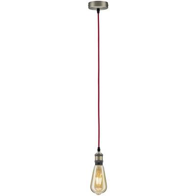 Pendant lamp with a red cable and a vintage-style light bulb hanging from the ceiling.