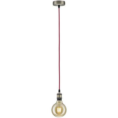 Pendant light with a visible, clear light bulb and red cable, hanging from a ceiling mount.