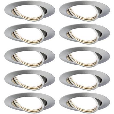 Ten round, silver-coloured ceiling lights with swivel inserts in a gold finish, symmetrically arranged in a grid.