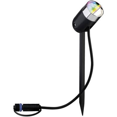 An outdoor spotlight with ground spike, black housing and rainbow LED effect, connected with a power cable and plug.