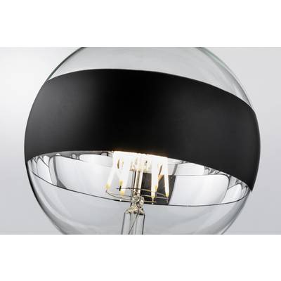 Light bulb in a modern, transparent design with a black band. The lamp emits warm light and has an elegant appearance.