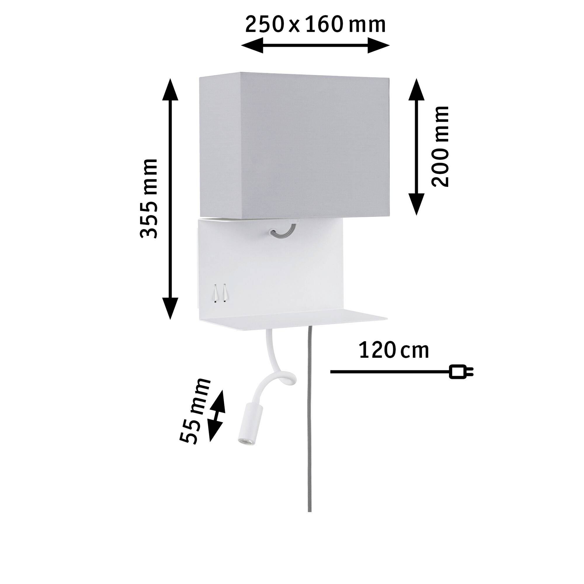 Image description of a wall lamp with a square top, integrated USB port and dimensions: Height 355 mm, Width 250 mm.