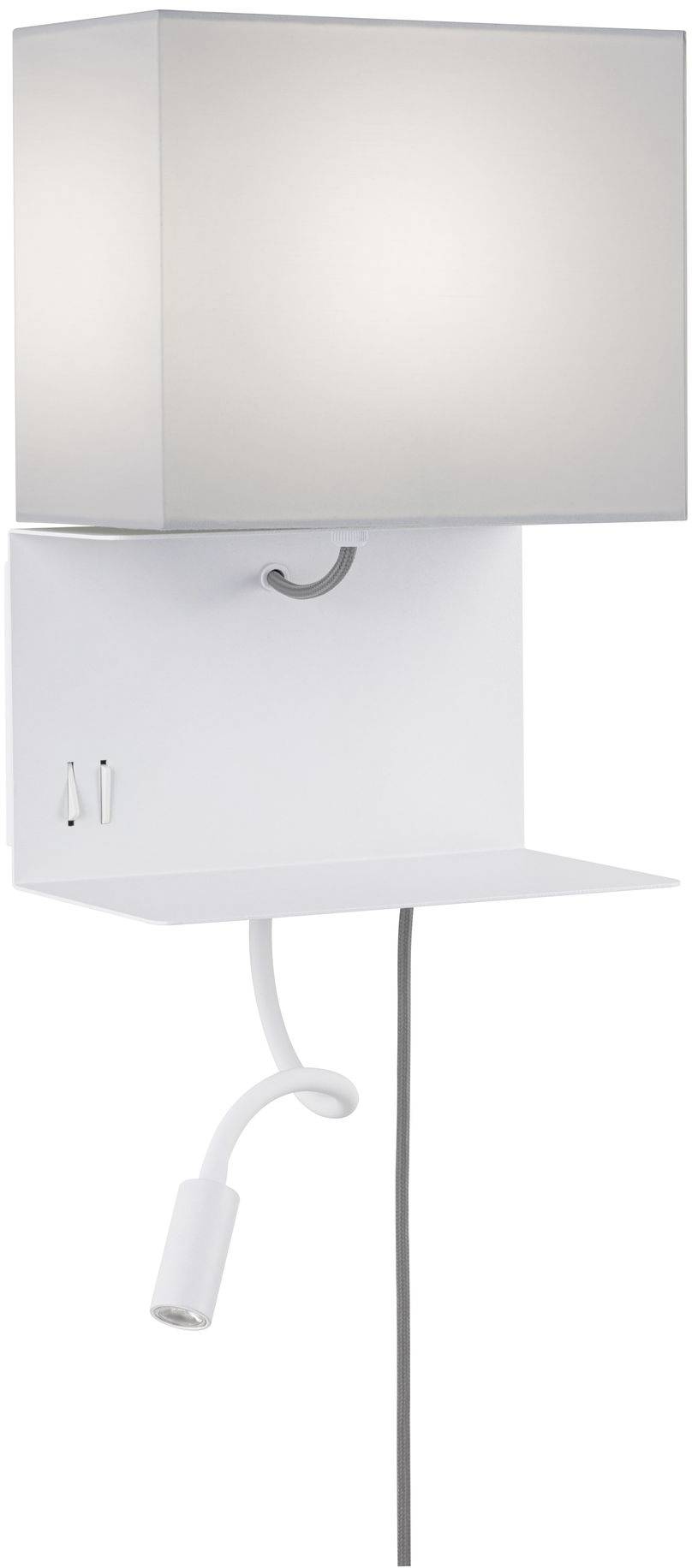 White modern wall lamp with a square lampshade. Integrated shelf and flexible reading light beneath.