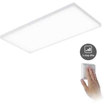 Rectangular LED ceiling light with adjustable brightness in three stages. Hand turning light switch with '3 step dim' symbol.