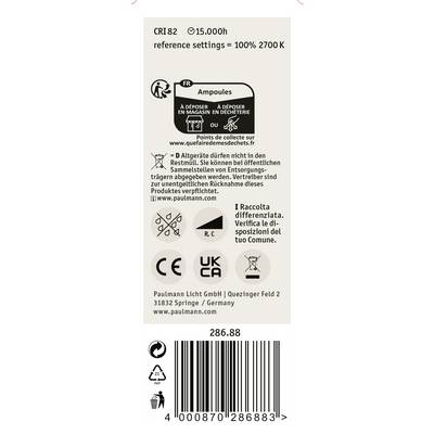 'Label of a lamp product with technical specifications: CRI 82, 15,000h lifespan, 100% 2700K Kelvin, disposal instructions, manufacturer details.'